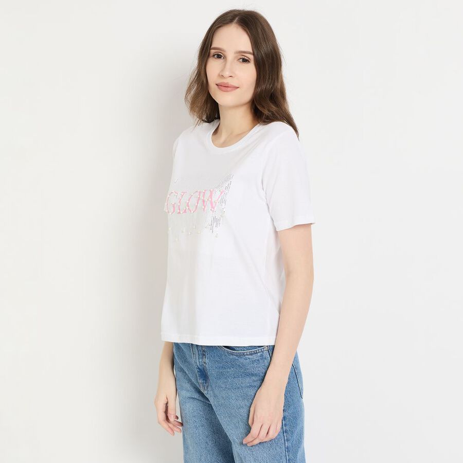 Ladies' Cotton Round Neck T-Shirt, सफ़ेद, large image number null