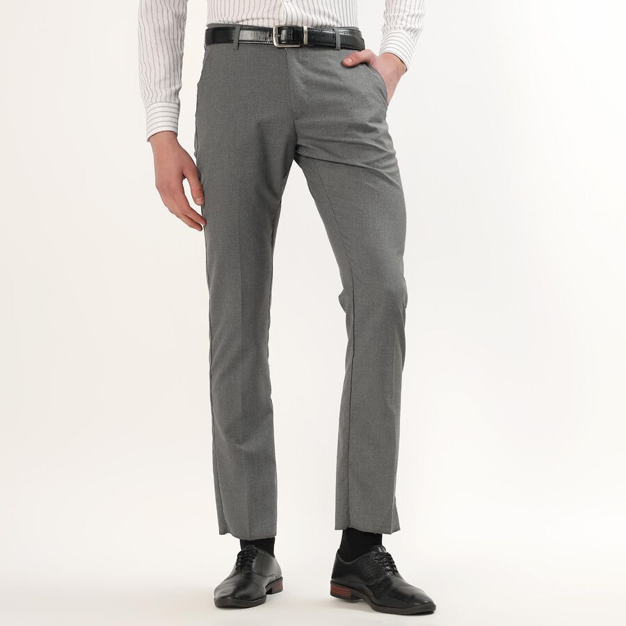 Men's Muted Charcoal Grey Slim Fit Flat-Front Formal Trousers, हल्का ग्रे, large