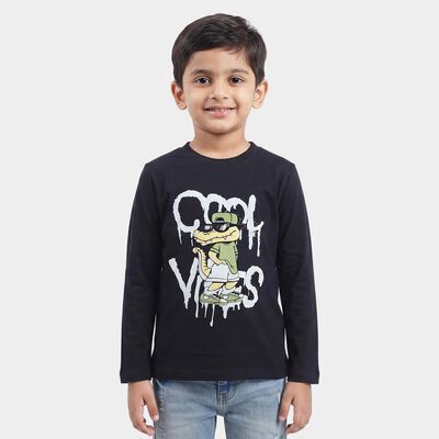 Boys Navy Blue Cotton Blend Crew Neck Regular Boys T-Shirt