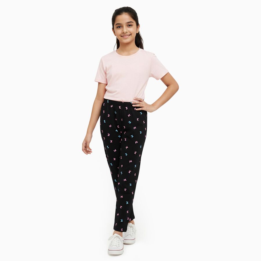 Girls' Black Butterfly Printed Cotton Blend Pyjama, काला, large image number null