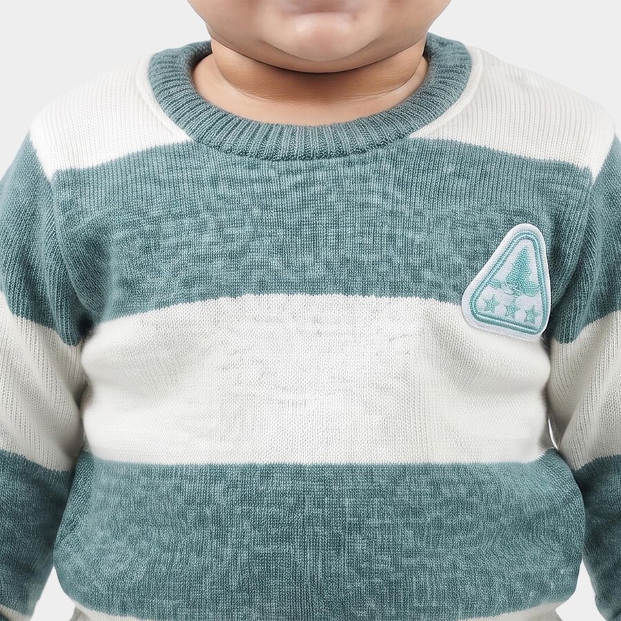 Infants' Teal Crew Neck Striped Pullover, टील ब्लू, large