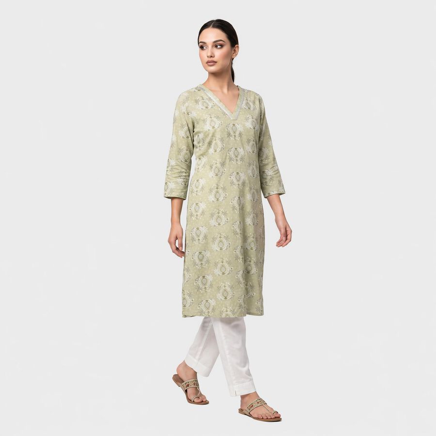 Women's Sage Green V-Neck Printed Kurta, हल्का हरा, large