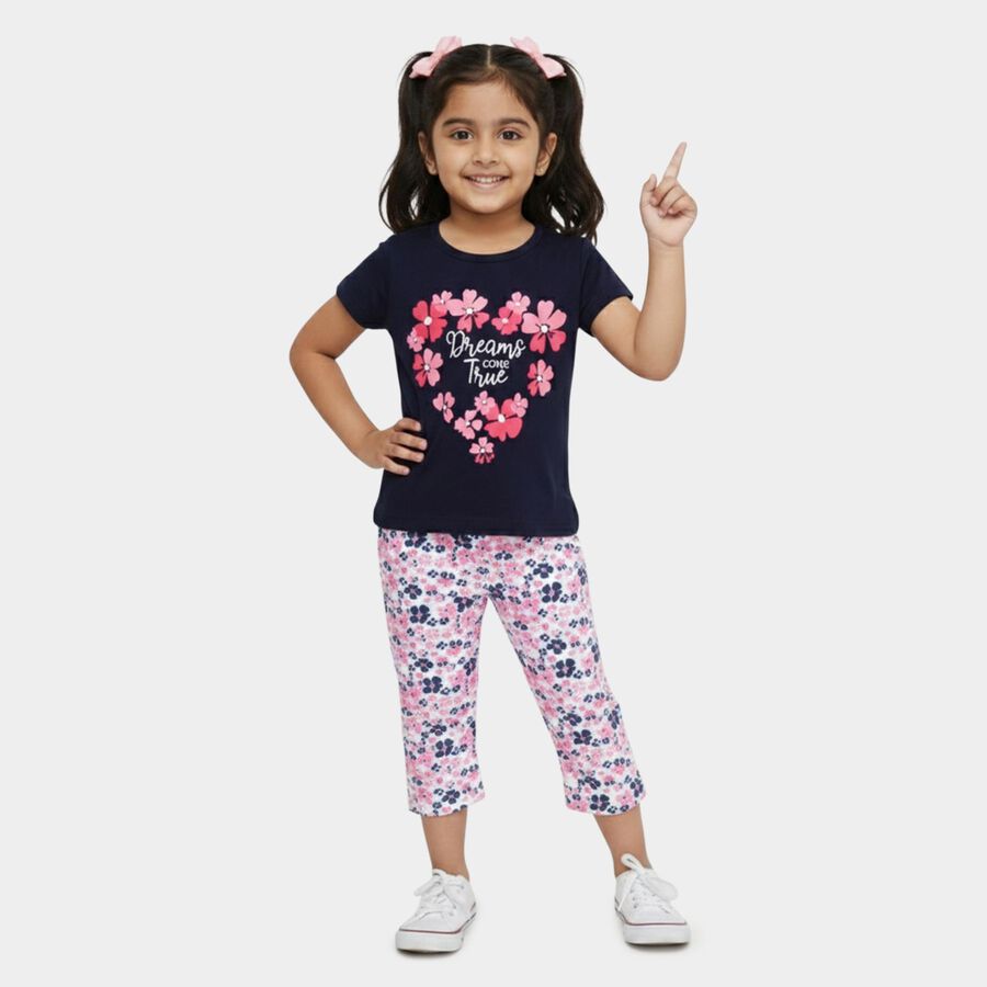 Girls' Navy Blue Round Neck Graphic Top and Capri Set, नेवी ब्लू, large