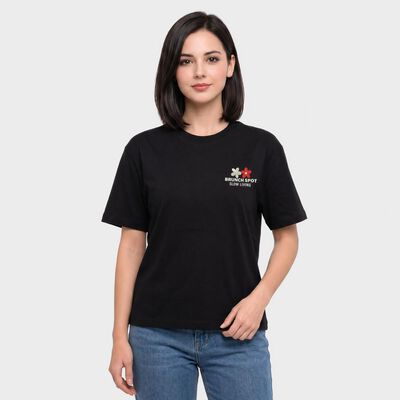 Ladies' Black Cotton Round Neck Regular T-Shirt