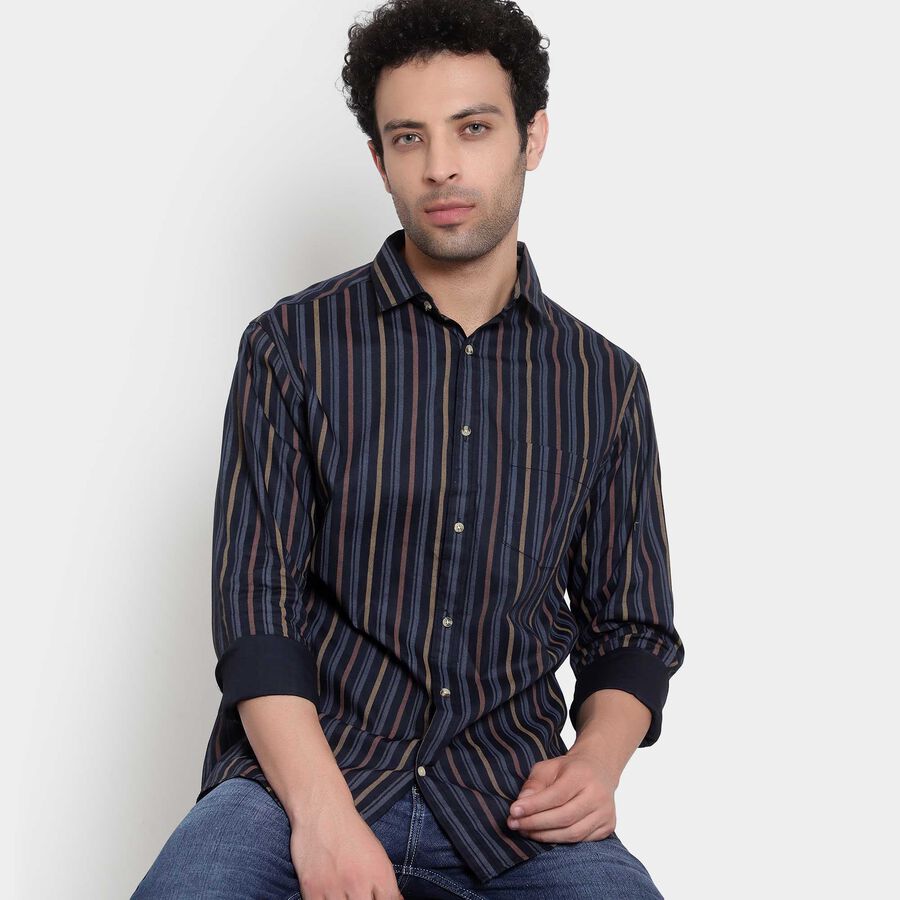 Cotton Stripes Casual Shirt, Dark Blue, large image number null
