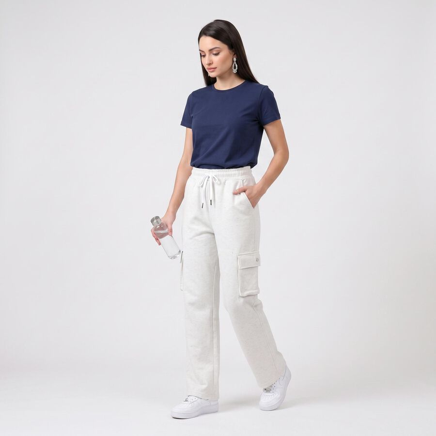 Women's Grey Straight Fit Cargo Track Pants, मिश्रित मध्यम ग्रे, large