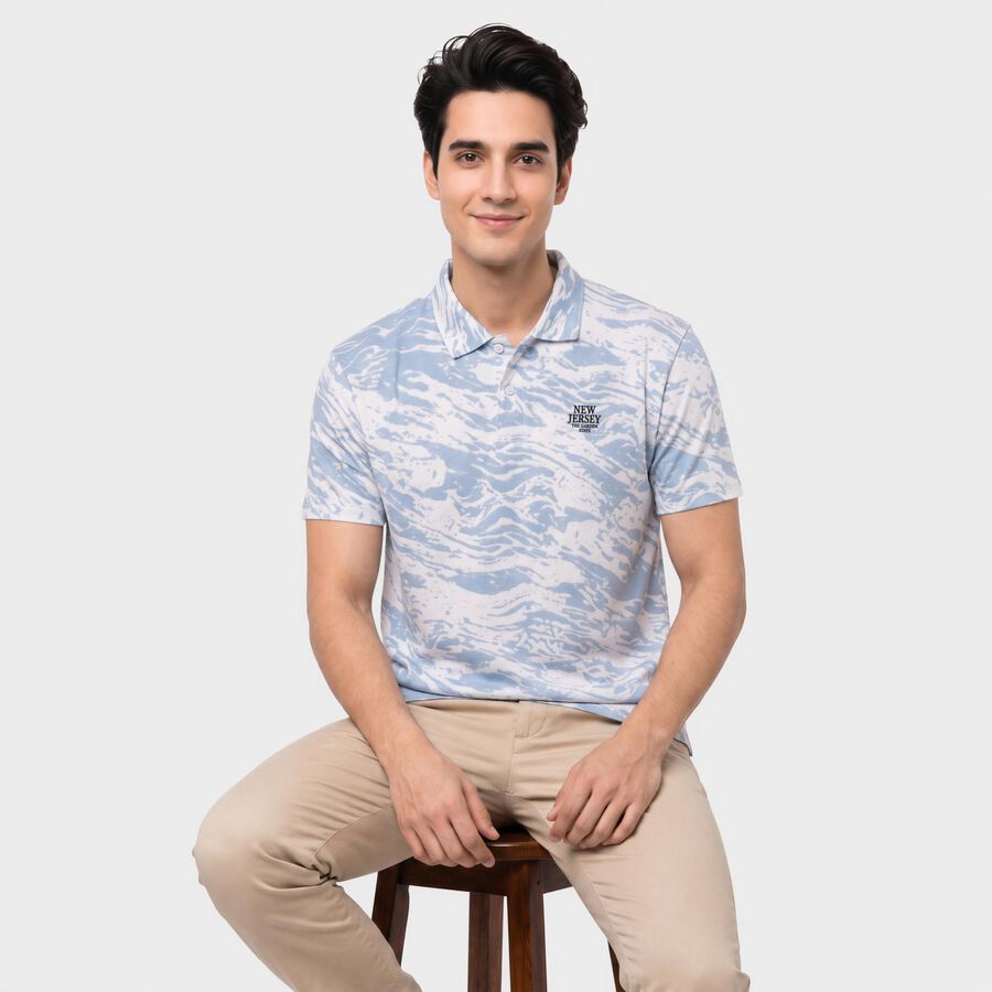 Men's Light Blue Cotton Polo Neck Printed T-Shirt, Light Blue, large