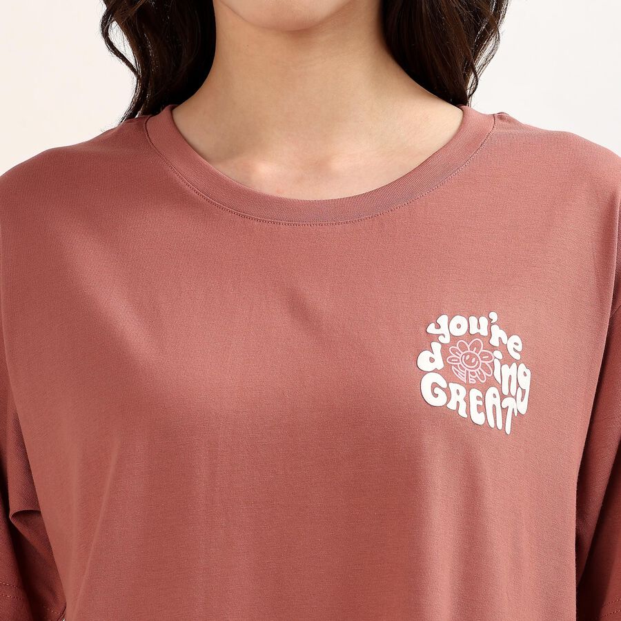 Women's Pink Cotton Round Neck Casual T-Shirt, गुलाबी, large