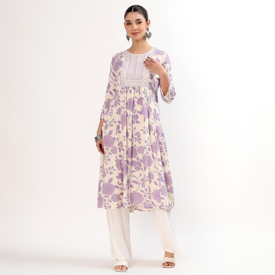 Women's Muted Lavender Purple Round Neck Embroidered Floral Kurta, Lilac, large