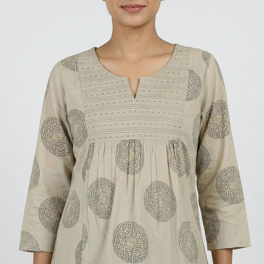 Women's Beige Round Neck Solid Kurti, Beige, large