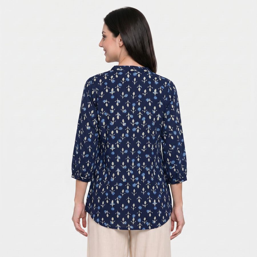 Women's Navy Blue Mandarin Collar Floral Printed Straight Kurti, गहरा नीला, large