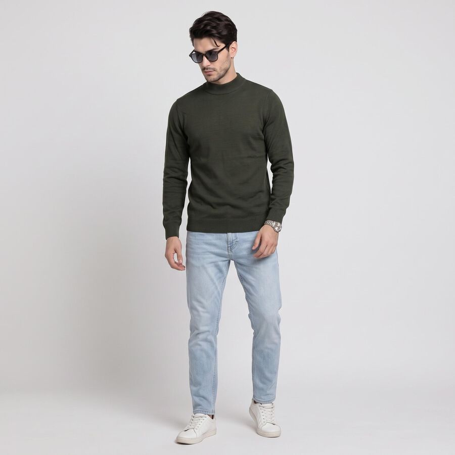 Men's Olive Green Mock Neck Solid Pullover, Olive, large