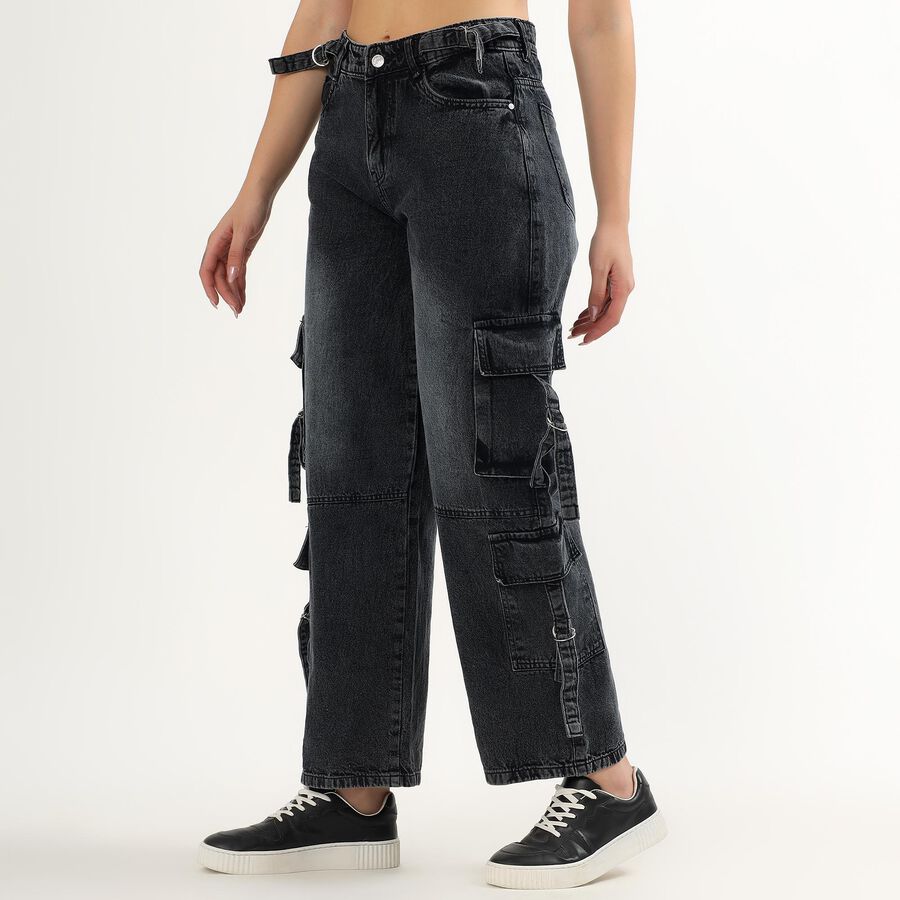 Women's Charcoal Black Cargo Fit High-Rise Jeans, काला, large image number null