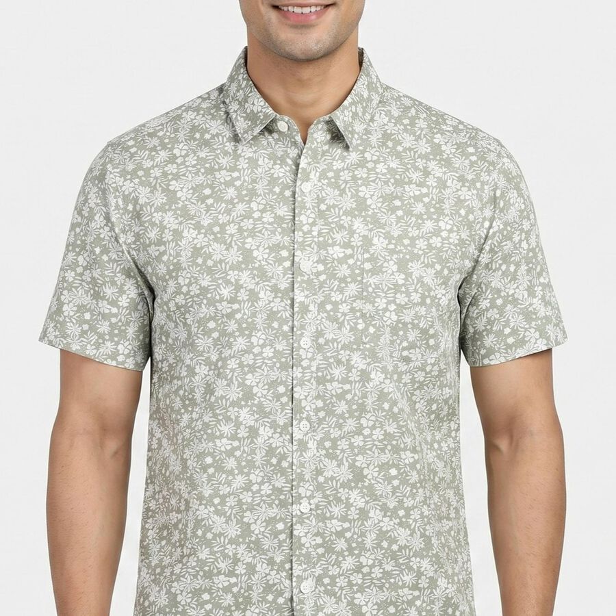 Men's Green Cotton Floral Spread Collar Regular Fit Shirt, हल्का हरा, large