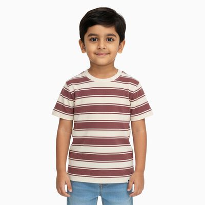 Boys Deep Maroon and White Crew Neck Casual T-Shirt