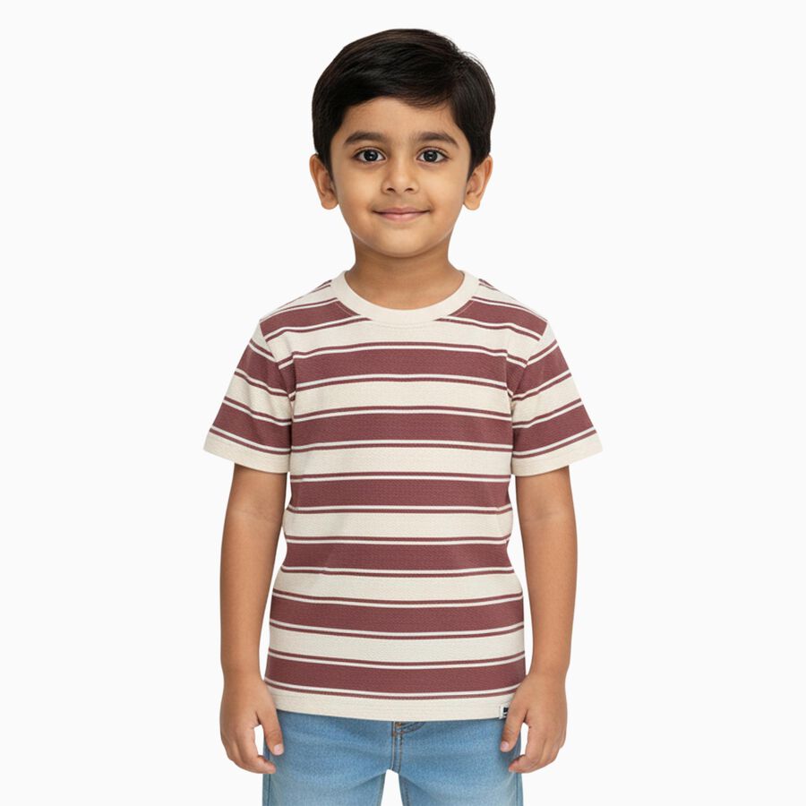 Boys Deep Maroon and White Crew Neck Casual T-Shirt, मरून, large image number null