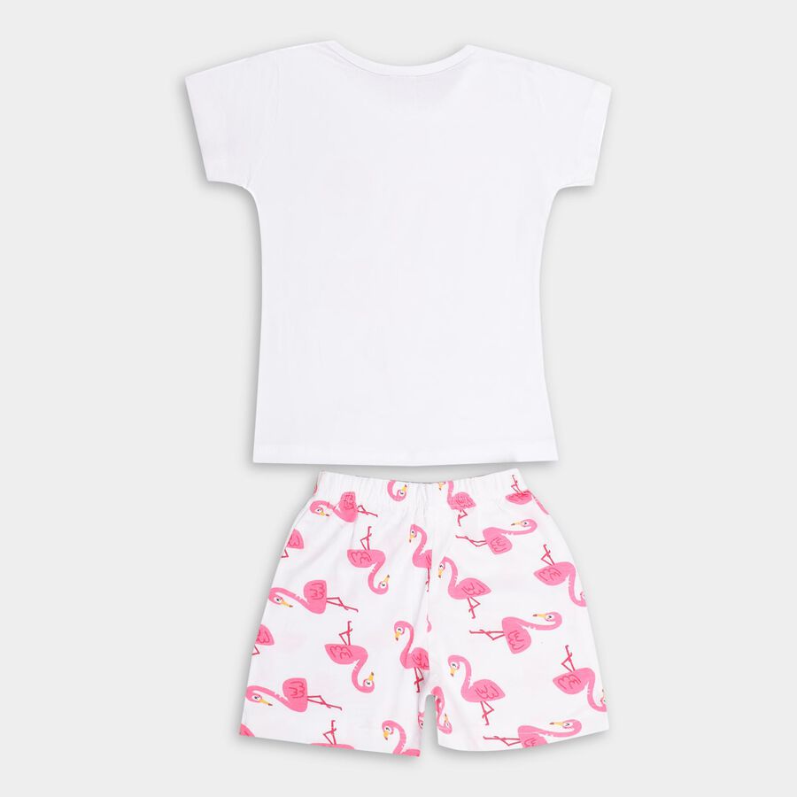Girls' White Flamingo Printed T-Shirt and Shorts Set, सफ़ेद, large image number null