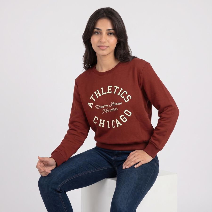 Women Rust Crew Neck Pullover Sweatshirt, रस्ट, large