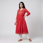 Women's Fuchsia Round Neck Embroidered Kurta, Fuchsia, small