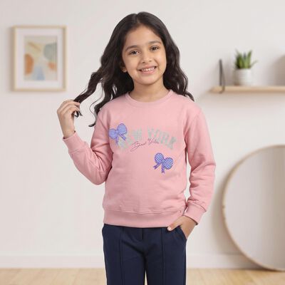 Girls' Pink Round Neck Pullover Sweatshirt