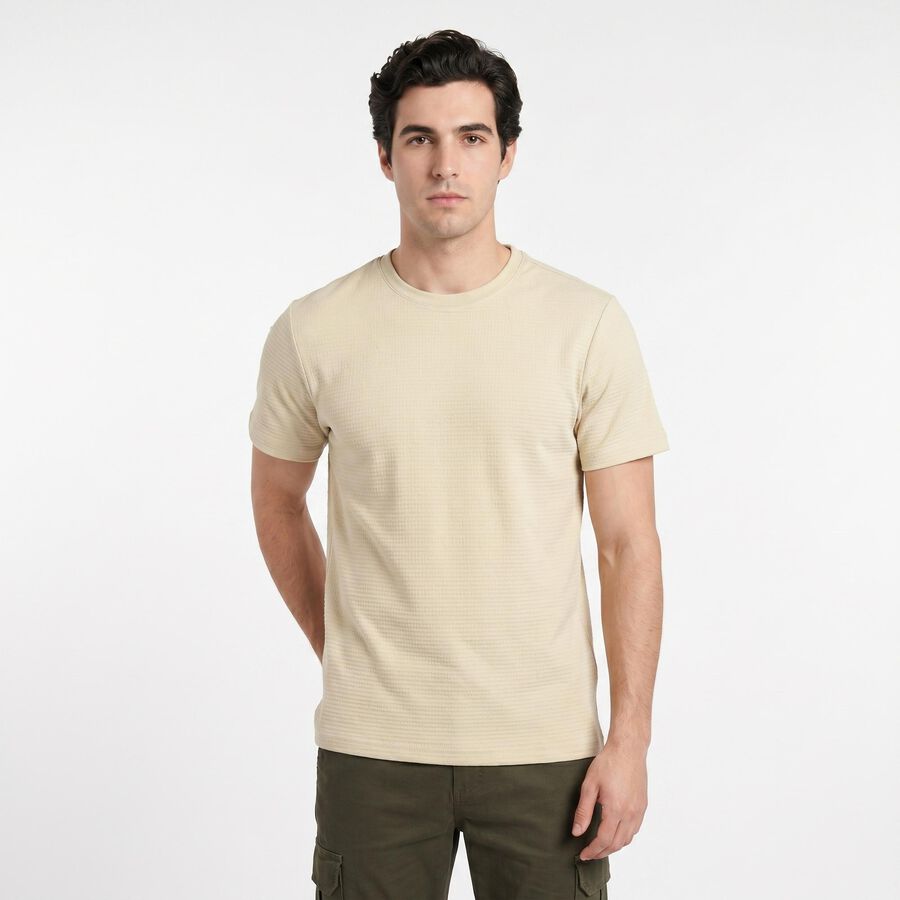 Men's Beige Cotton Round Neck Regular T-Shirt, Beige, large