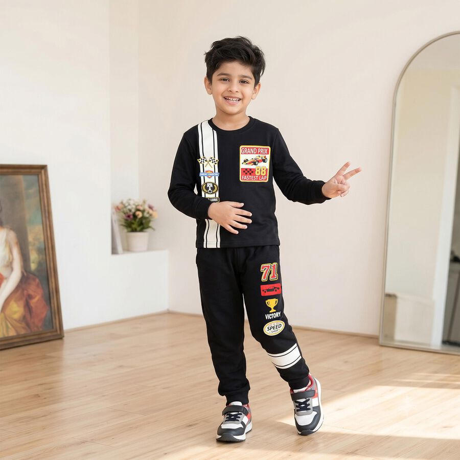 Boys' Black Round Neck Graphic Baba Suit, Black, large