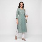 Women's Aqua Green Cotton Notch Neck Embroidered Kurta, Aqua, small