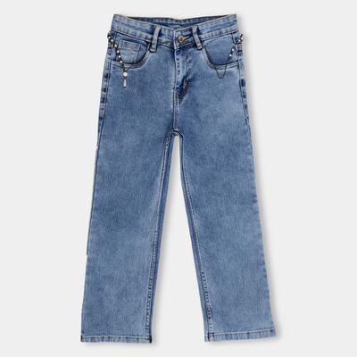 Girls' Stonewashed Blue Flared Fit Buttoned Jeans