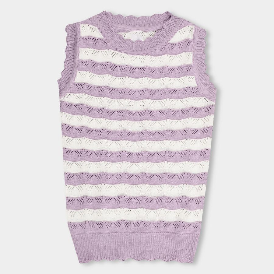 Girl's Light Lavender and White Cotton Crew Neck Casual Tunic, लाइलेक, large image number null