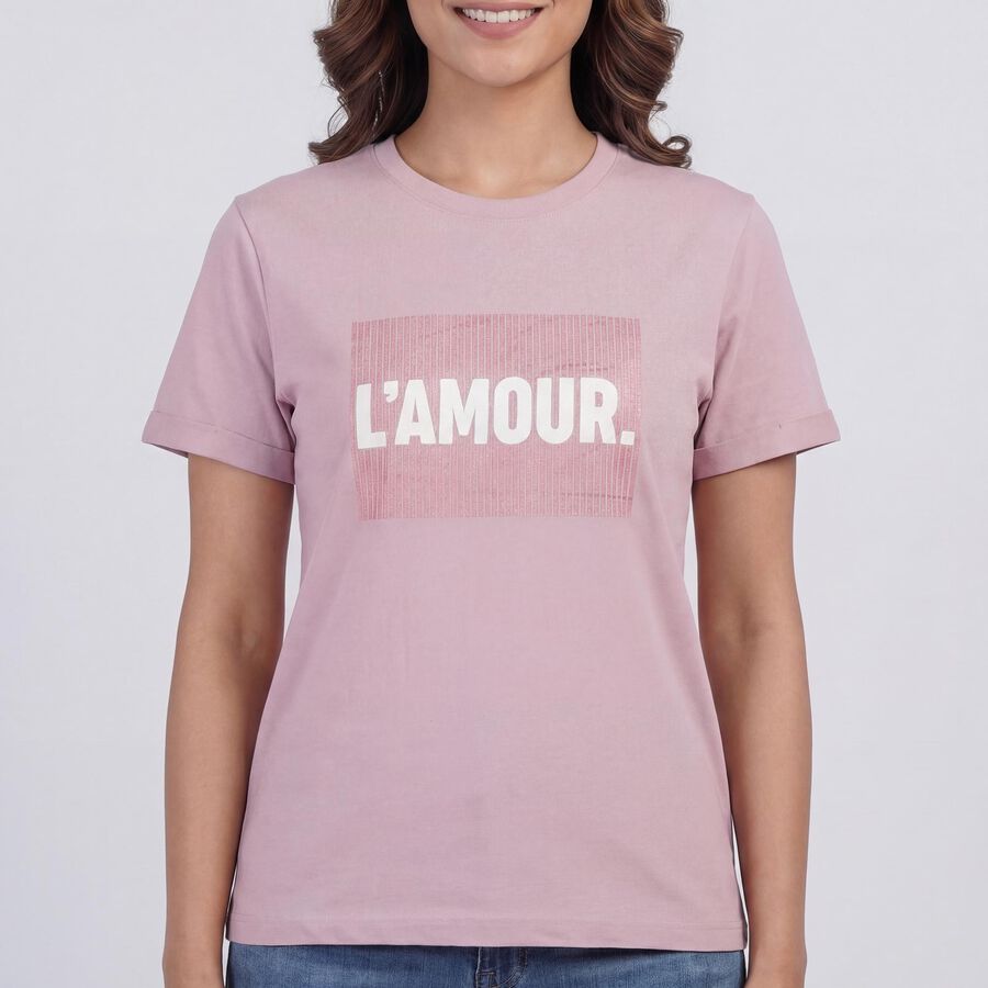 Women's Lilac Round Neck Graphic T-Shirt, लाइलेक, large