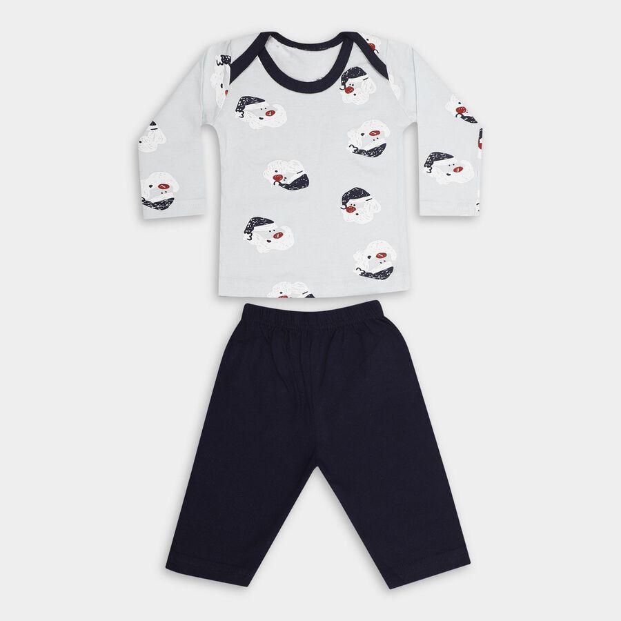 Infants' Navy Cotton Boat Neck Printed Baba Suit, Navy Blue, large image number null