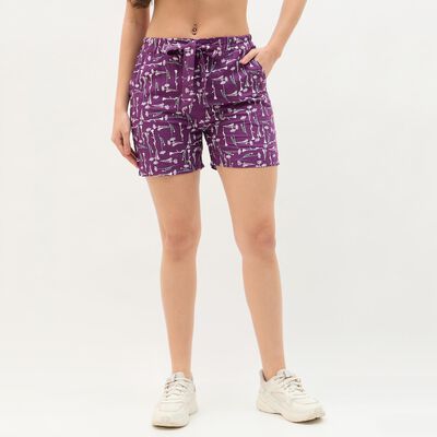 Women's Purple Floral Printed Drawstring Shorts