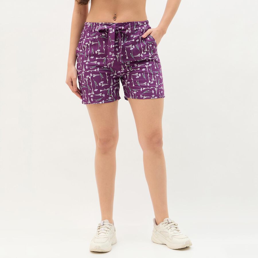 Women's Purple Floral Printed Drawstring Shorts, बैंगनी, large