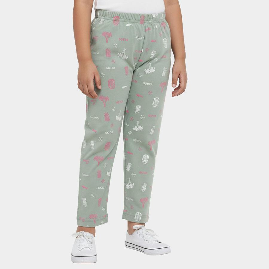 Girls' Olive Green Regular Fit Tropical Printed Pyjama, Light Green, large