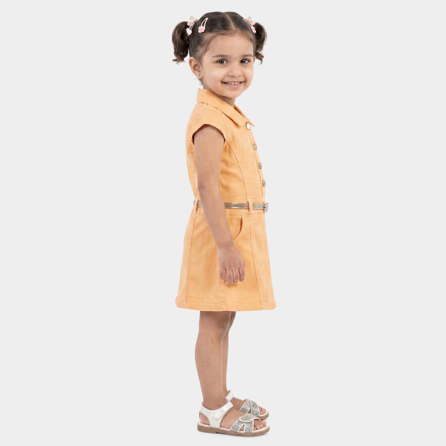 Girls' Peach A-Line Belted Shirt Collar Frock, पीच, large