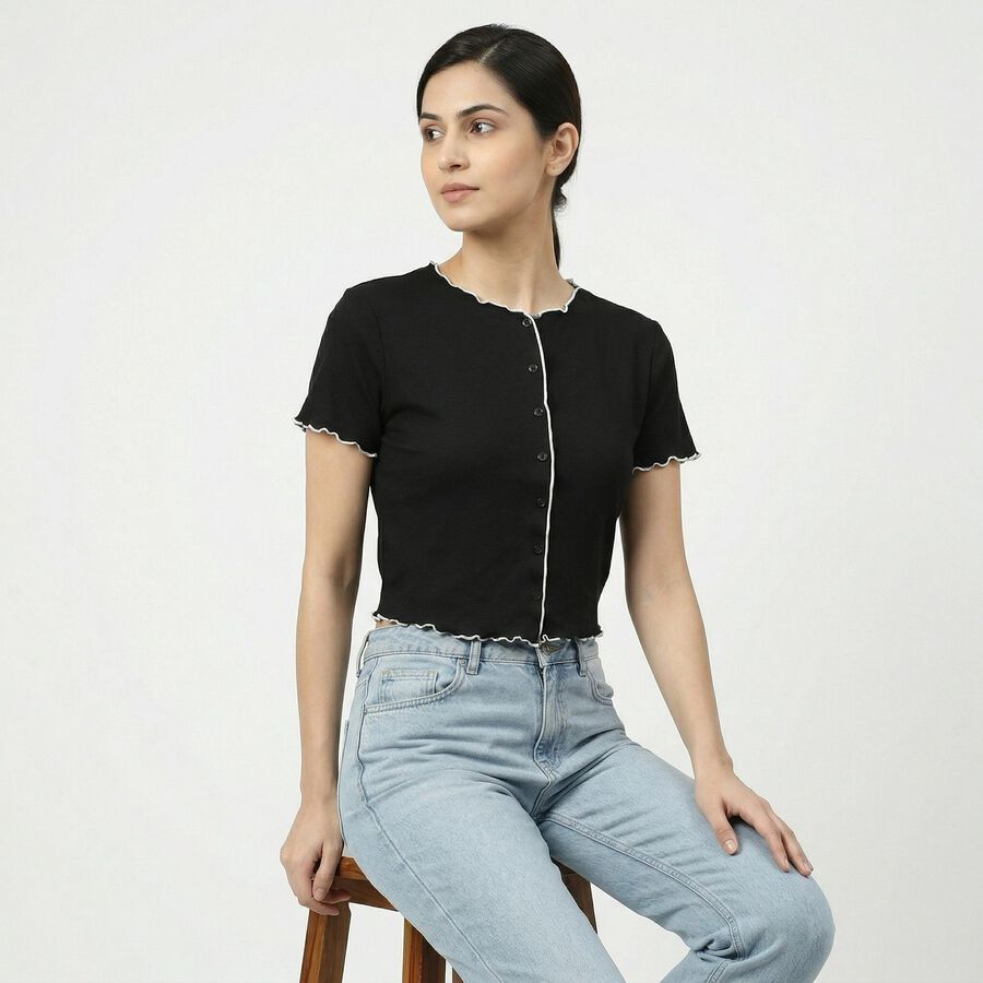 Women's Black Cotton Neck Top, Black, large