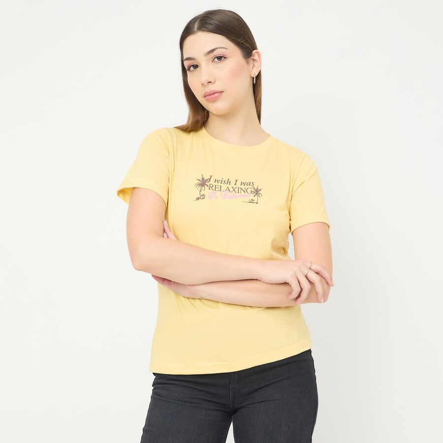 Women's Bright Yellow Round Neck Casual T-Shirt, Yellow, large