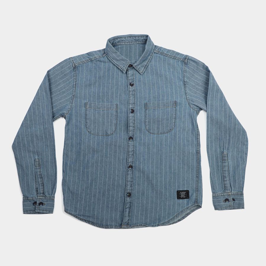 Boys' Blue Cotton Long Sleeve Collared Shirt, Mid Blue, large