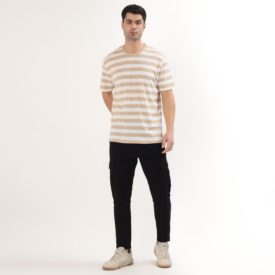 Men's Muted Beige Round Neck Striped T-Shirt, Beige, large