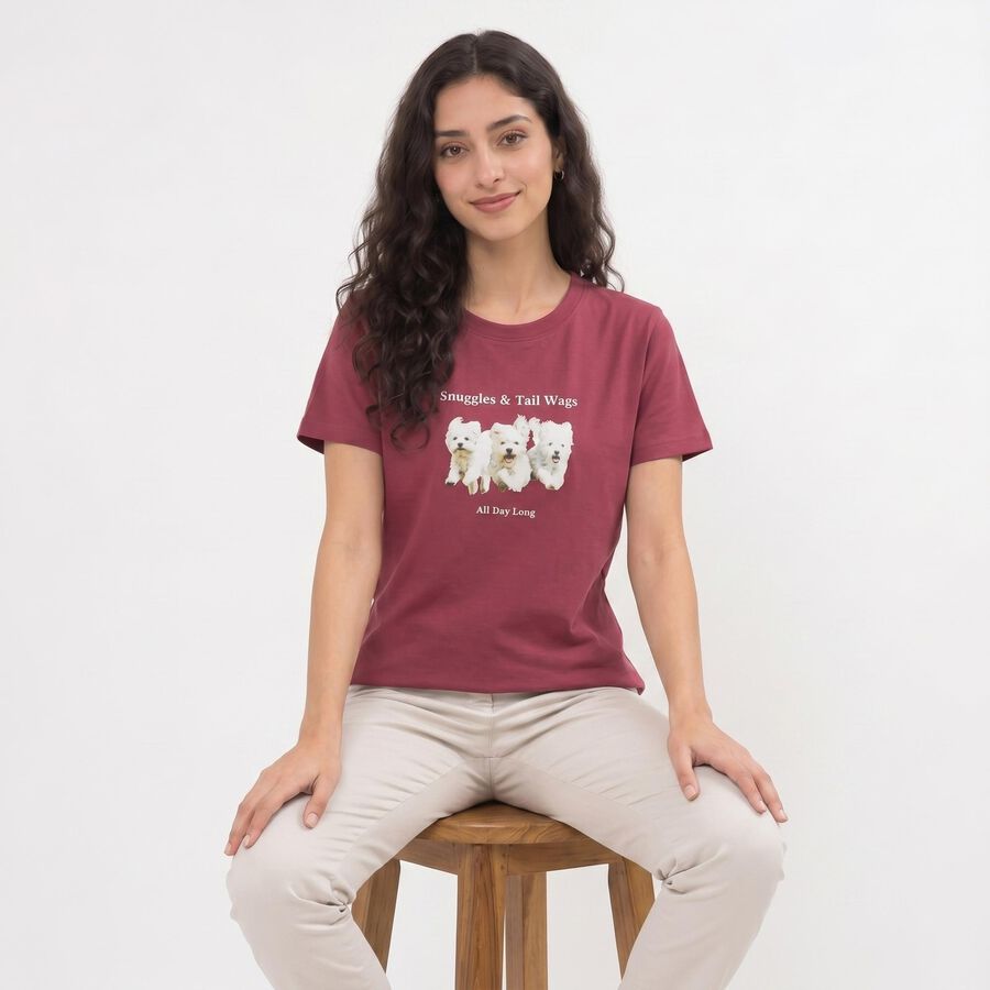 Women's Purple Cotton Round Neck Regular T-Shirt, बैंगनी, large