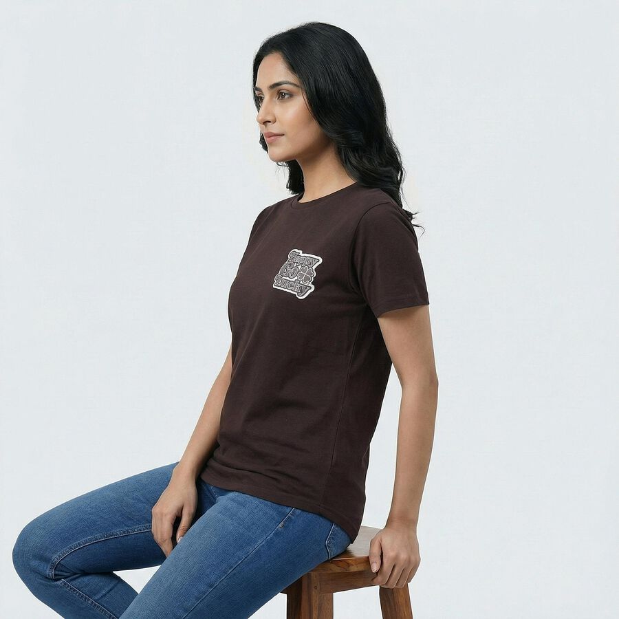 Women's Brown Round Neck Casual T-Shirt, भूरा, large