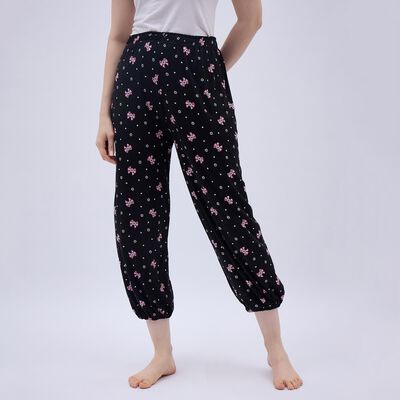 Women's Jet Black Relaxed Fit Floral Print Harem Pants