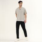 Men's Black and Beige Zigzag Printed Cuban Collar Casual Shirt, Black, small