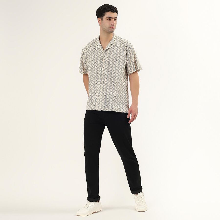 Men's Black and Beige Zigzag Printed Cuban Collar Casual Shirt, Black, large