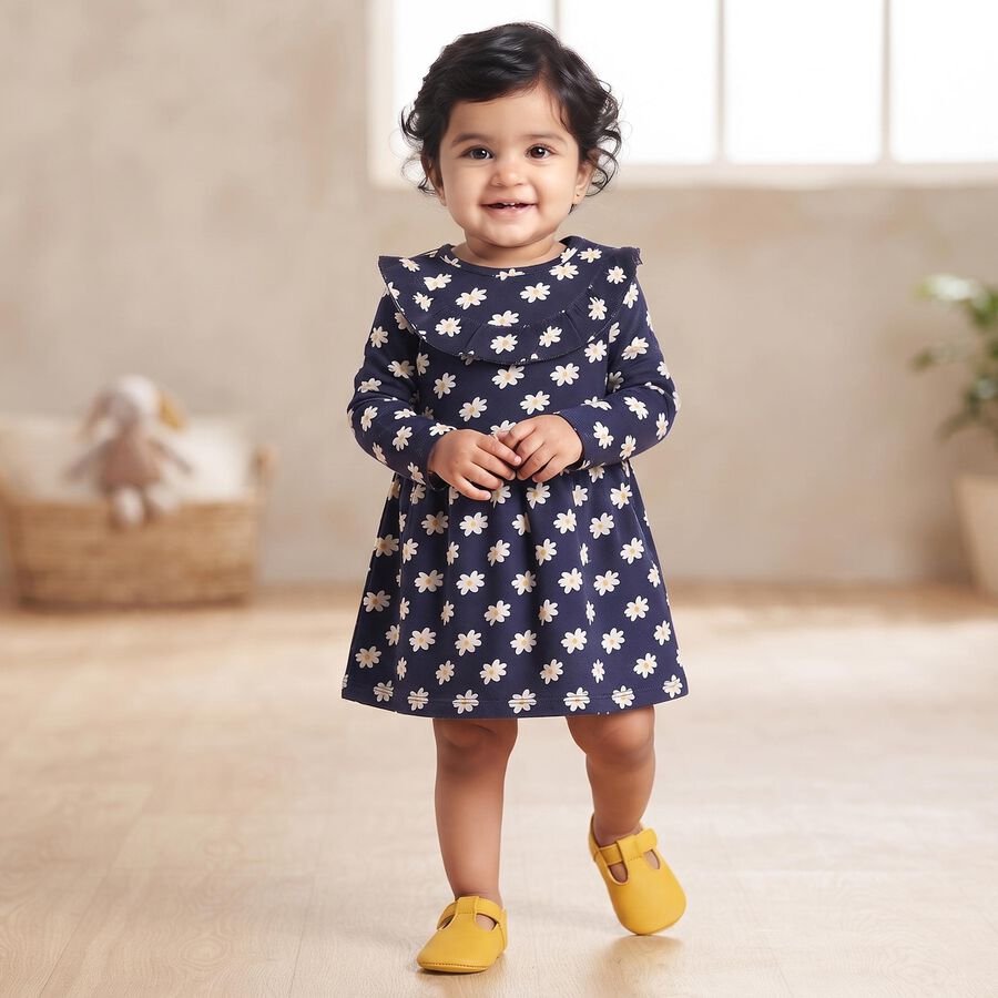 Infants' Navy Blue Floral Printed Fit and Flare Frock, नेवी ब्लू, large