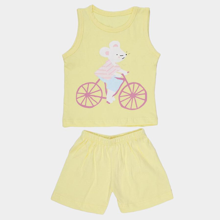 Infants Yellow Cotton Sleeveless Casual Shorts Set, Yellow, large
