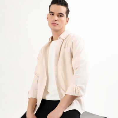 Men's Light Beige Cotton Button Down Casual Shirt