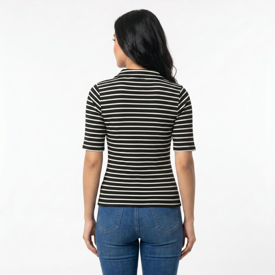 Women's Black Polo Neck Striped Polo T-Shirt, Black, large
