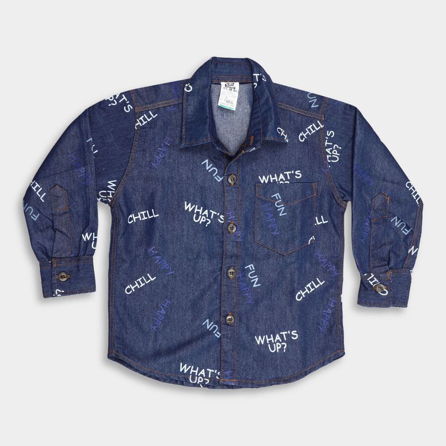 Boys' Denim Casual Shirt, मध्यम नीला, large image number null