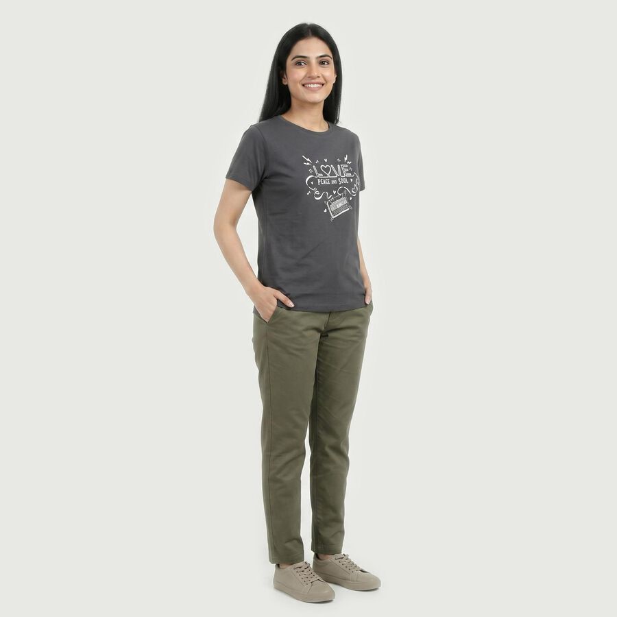 Women's Grey Round Neck Casual T-Shirt, Dark Grey, large